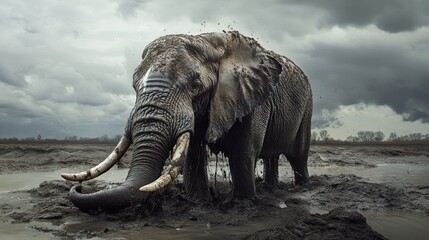Fototapeta premium African Elephant in Mud Bath, Cloudy Savanna Background