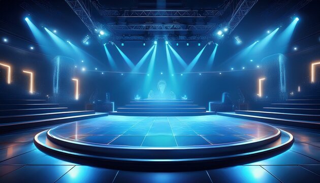 TV game show set up with big spotlights shining down on the empty stage