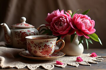 Elegant tea set with floral patterns and pink peonies on crocheted table mat