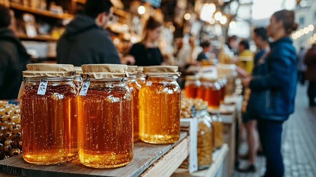 bottle of fresh honey selling local farmer market with people shopping