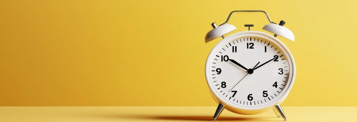 White alarm clock with black numbers and hands on yellow background in 3D rendering, centered on metal stand