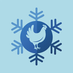 A stylized snowflake shape with chicken silhouette inside a circle. Sky blue background