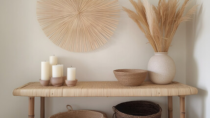 Boho-Minimalist Living Room Corner with Natural Textures and Sunburst Wall Art

