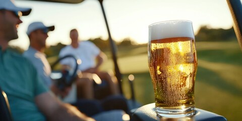 Golfers enjoy beer in cart on course at sunset