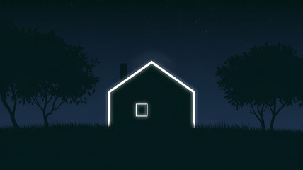 Nighttime silhouette of a house with glowing white outline nestled among trees in a grassy field