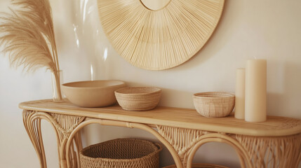 Boho-Minimalist Living Room Corner with Natural Textures and Sunburst Wall Art

