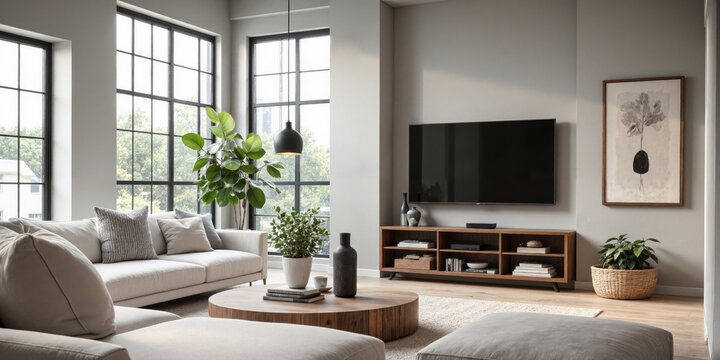 Industrial Farmhouse Chic A mix of industrial and farmhouse design elements with a wall-mounted TV above a rustic wooden TV