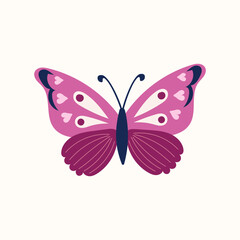 Pink and purple butterfly with detailed wing patterns featuring hearts and symmetrical shapes. Flat, minimalistic style emphasizing vibrant colors and elegant curves. Isolated on a light background
