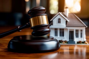 Wooden gavel on table with miniature white house model against outdoor backdrop, creating a peaceful and serene scene