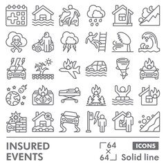 Fototapeta premium Insured events symbols collection or sketches. insurance theme icons in line style signs for web and app. Vector graphics isolated on white background.