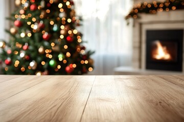 Wooden Table Close-Up with Christmas Decor in Modern Cozy Living Room - Festive Holiday Interior Background Shot
