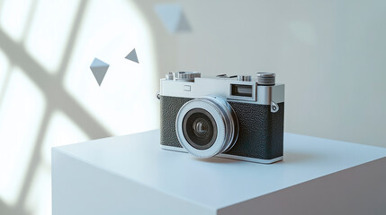 A classic black and silver vintage camera is set against a geometric background, blending technology with artistic flair.