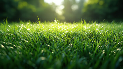Morning dew on lush green grass nature park close-up photography vibrant environment soft focus serenity