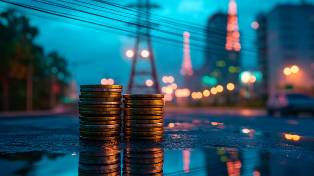 Energy costs and Infrastructure, stacks of coins on the street with power lines on background.