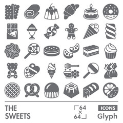 Sweets symbols collection or sketches. sweet dessert theme icons in glyph style signs for web and app. Vector graphics isolated on white background.