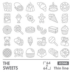 Sweets symbols collection or sketches. sweet dessert theme icons in thin line style signs for web and app. Vector graphics isolated on white background.