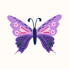 Detailed butterfly with ornamental wing patterns featuring floral and abstract motifs. Intricate design with symmetrical decorations in purple and pink tones. Modern flat style with vivid colors and