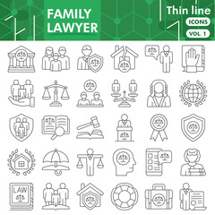 Family lawyer collection or sketches. law and justice theme icons in thin line style signs for web and app. Vector graphics isolated on white background.