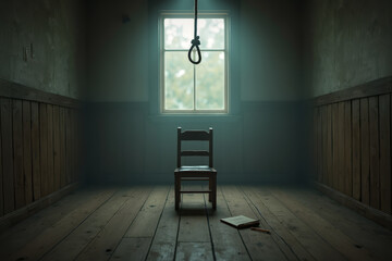 Interior image of sad scene with hanging rope as suicide concept.
