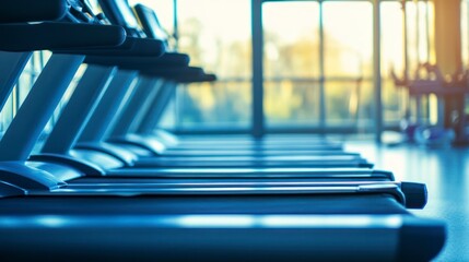 Row of Treadmills in a Gym with Large Windows and Sunlight