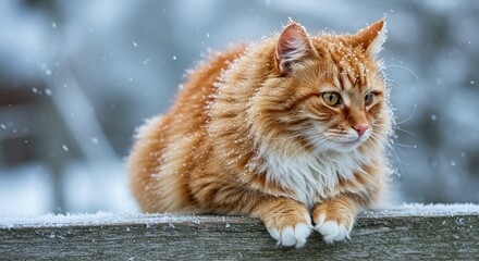 Ginger Cat Sitting on Snowy Fence in Winter Wonderland Fluffy Pet Outdoors