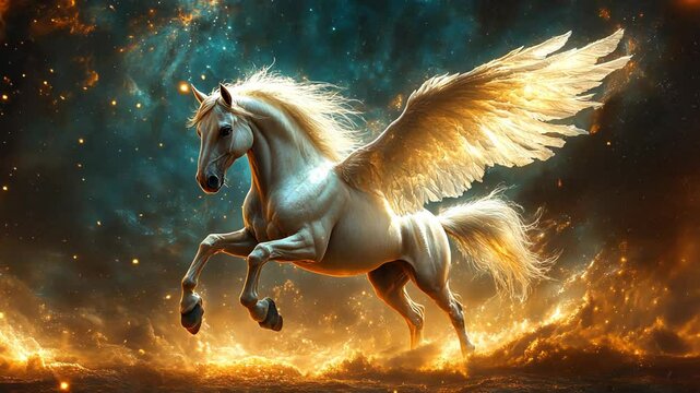 Pegasus flying over cloud under celestial star sky, dreamy fantasy landscape 