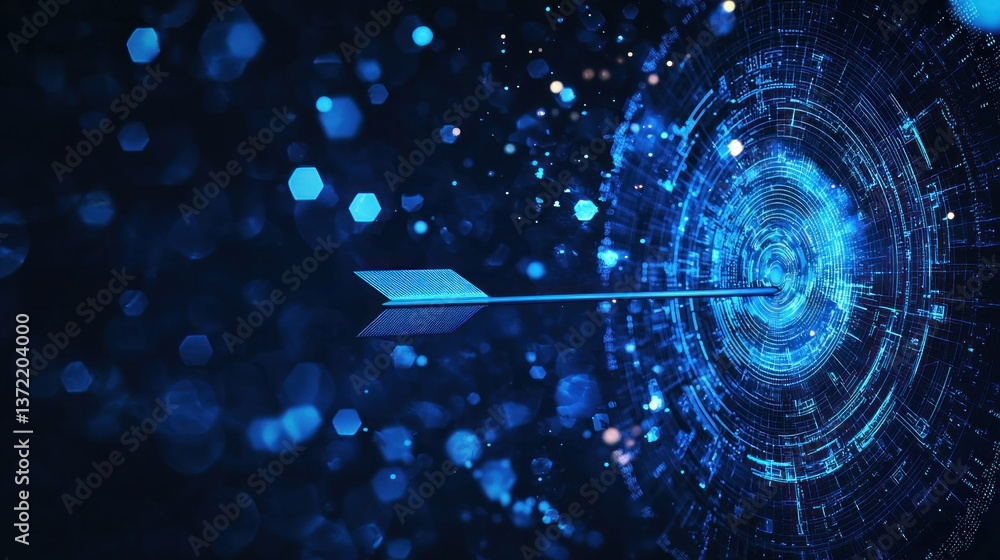 Poster abstract blue dart hitting digital target, showcasing technology and precision in a vibrant, futuris