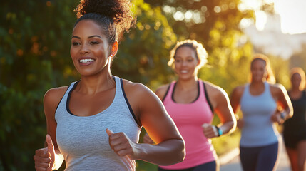 Athletic women jogging in urban park during morning light