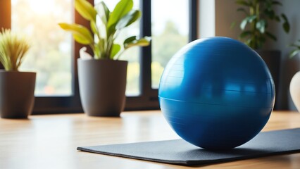 Blue exercise ball positioned on fitness mat in modern workout space with natural light and greenery in the background for health and wellness promotion