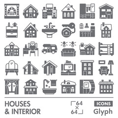 House interior collection or sketches. interior design theme icons in glyph style signs for web and app. Vector graphics isolated on white background.
