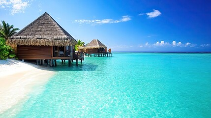 Tropical Maldives Islands with Clear Blue Waters, White Sandy Beaches and Thatched - Roof Bungalows for Travel and Vacation Inspiration.