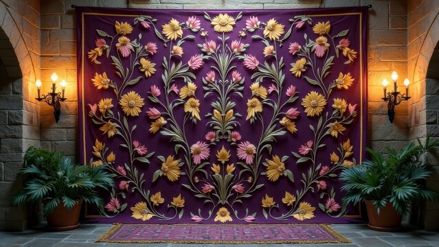 Elegant tapestry with floral patterns and warm lighting in a stone hallway