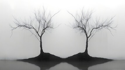 Twin leafless trees stand in misty water