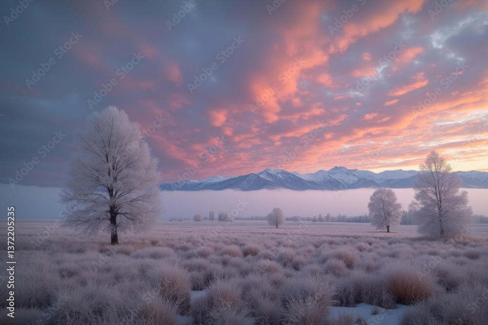 Wall mural landscape image of a frozen field with a tree and snowy mountains at dawn