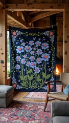 Cozy cabin interior with floral tapestry and fireplace ambiance