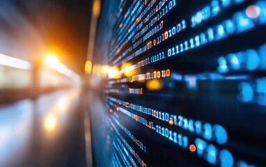 Binary code stream on screen in dark server room with blurred background lights