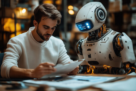Homme concentr&eacute; consultant des documents &agrave; c&ocirc;t&eacute; d&rsquo;un robot humano&iuml;de dans un atelier moderne, collaboration humaine et robotique en environnement cr&eacute;atif