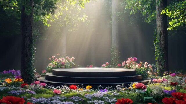 Magical Sunlit Forest with Flowered Stone Platform