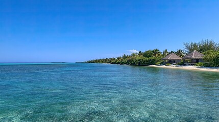 Tropical Maldives Islands with Clear Blue Waters, White Sandy Beaches and Thatched - Roof Bungalows for Travel and Vacation Inspiration.