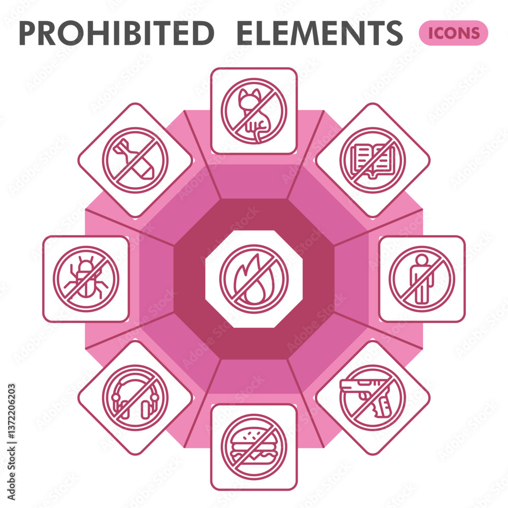 Poster prohibited elements collection or sketches. forbidden element theme icons in line style signs for we