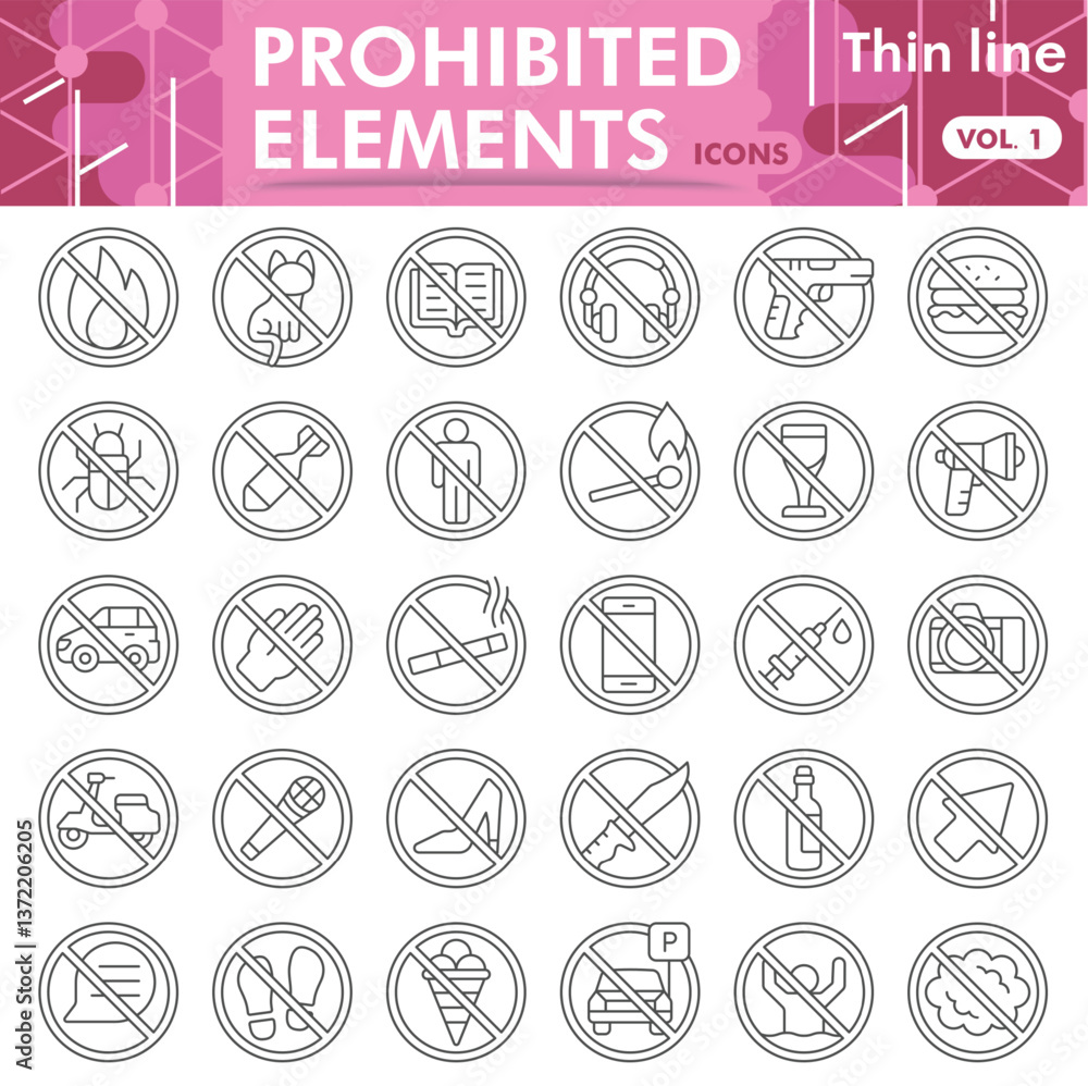 Poster prohibited elements collection or sketches. forbidden element theme icons in thin line style signs f