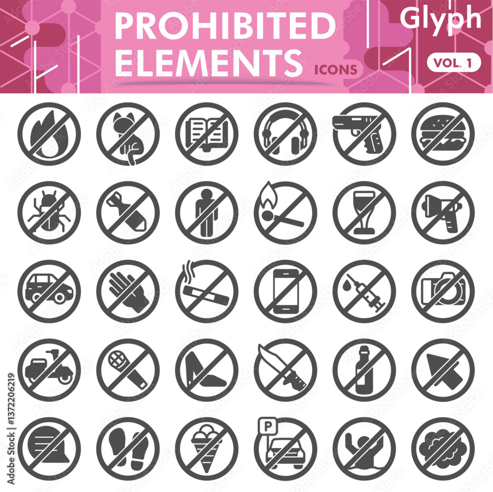 Poster prohibited elements collection or sketches. forbidden element theme icons in glyph style signs for w