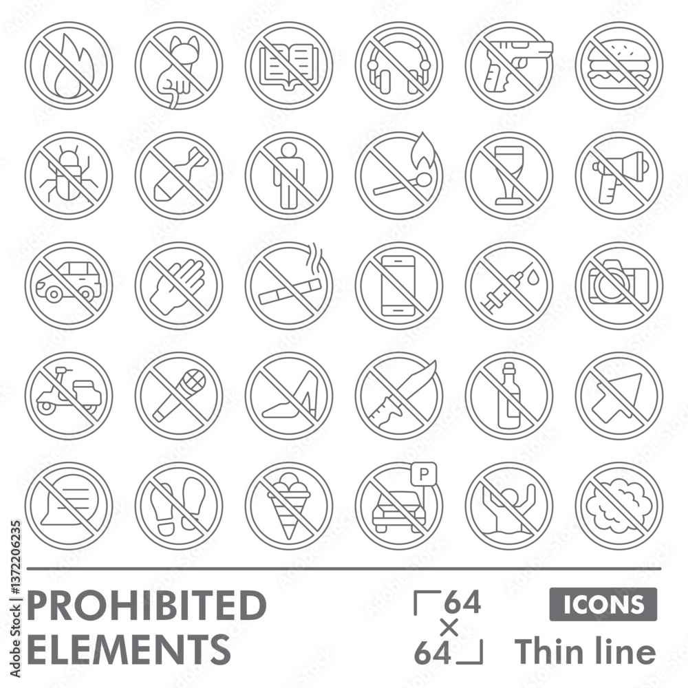 Poster prohibited elements collection or sketches. forbidden element theme icons in thin line style signs f