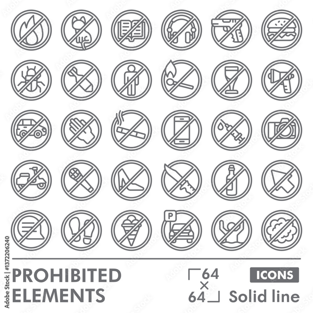 Poster prohibited elements collection or sketches. forbidden element theme icons in line style signs for we