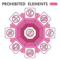 Prohibited elements collection or sketches. forbidden element theme icons in line style signs for web and app. Vector graphics isolated on white background.