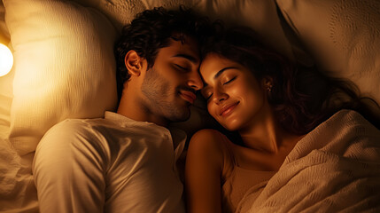 A young Indian couple sleeping in a cozy bed at night