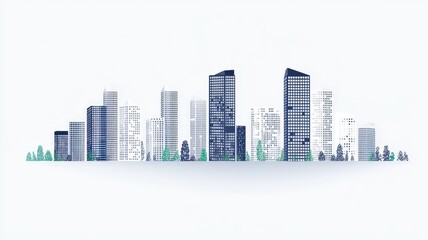 A minimalist city skyline illustration featuring tall buildings and green trees, creating a modern urban aesthetic.