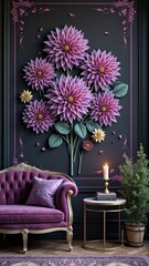 Elegant living room with purple floral wall art and couch