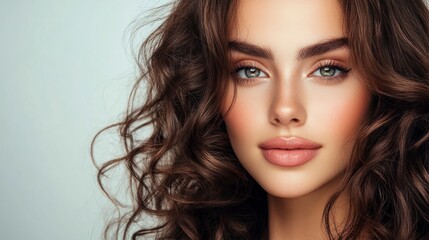 Woman Portrait with Curly Brown Hair and Light Eyes Staring at Camera