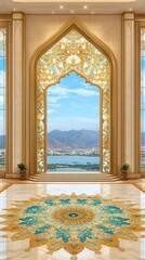Ornate archway frames a scenic view with mountains and water, opulent flooring with a floral design